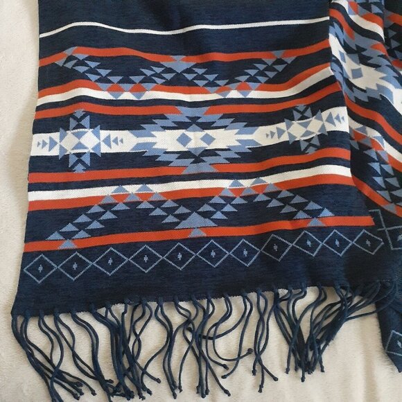 Bradford Exchange Women's One Size Blue Orange Aztec Western Fringe Shawl Wrap - Picture 8 of 8